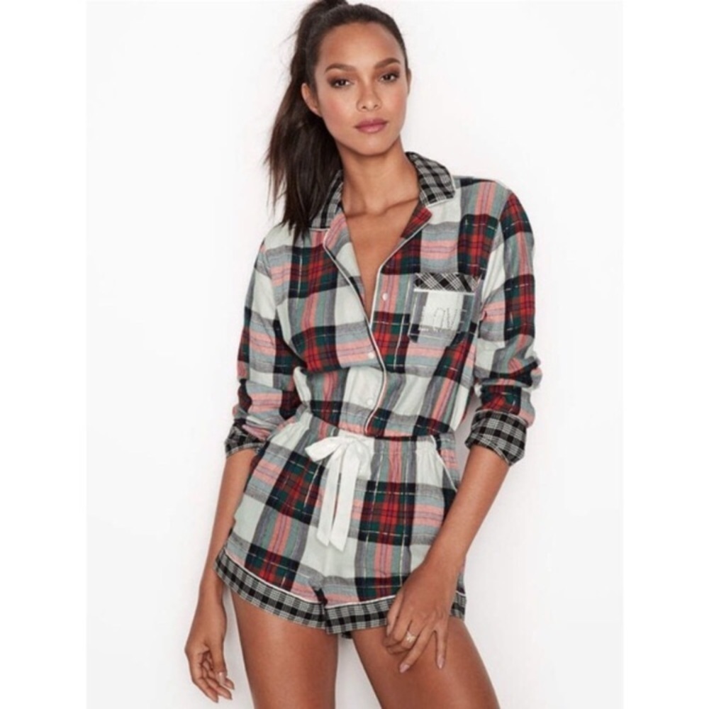 Victoria's Secret Plaid Flannel Tie Dream Romper c1.
